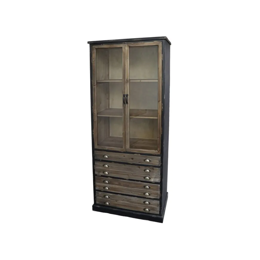 Chic Antique Vitrinenschrank mit Glastüren und 4 länglichen Schubladen