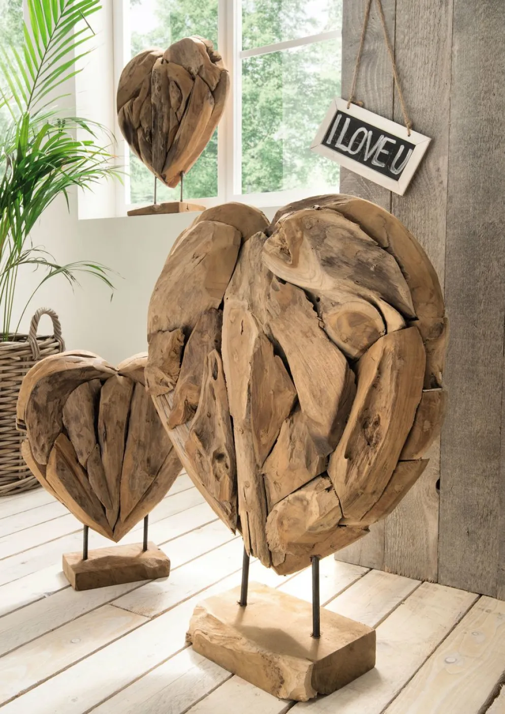Faktorei Deko-Herzen auf Ständer 3-er Set Teak-Holz