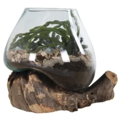 House Nordic San Marino Waterdrop Glas Schale auf kleinem Teakholz Ständer