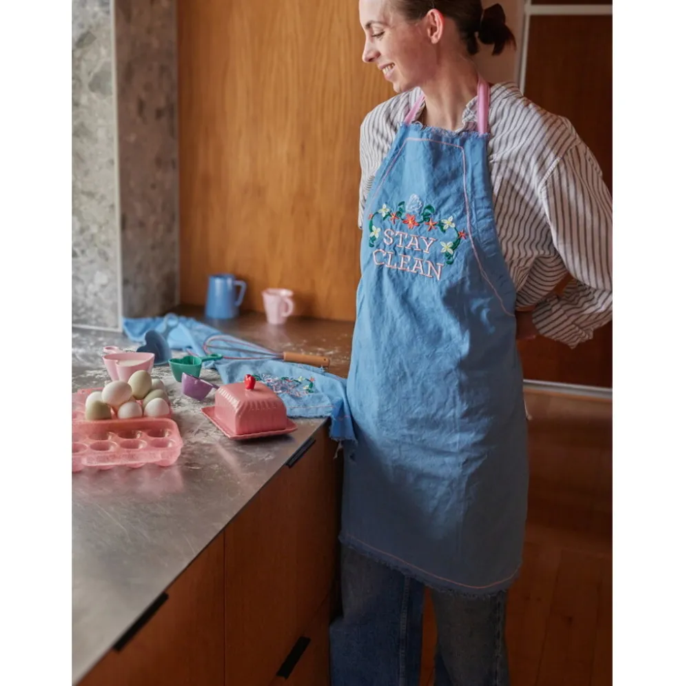 RICE Baumwoll-Schürze Stay Clean Print – Blau