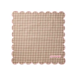 RICE Baumwoll-Serviette Karo Pink mit Wellenrand und Stickerei
