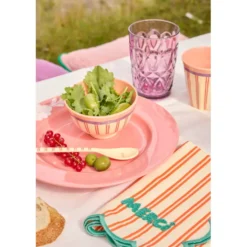 RICE Baumwoll-Serviette MERCI mit orangefarbenen Streifen und grünem Wellenrand