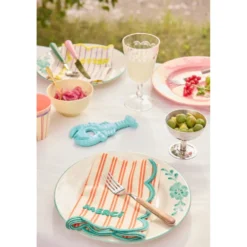 RICE Baumwoll-Serviette MERCI mit orangefarbenen Streifen und grünem Wellenrand