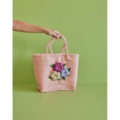 RICE Große Raffia Tasche mit Blumenstickerei