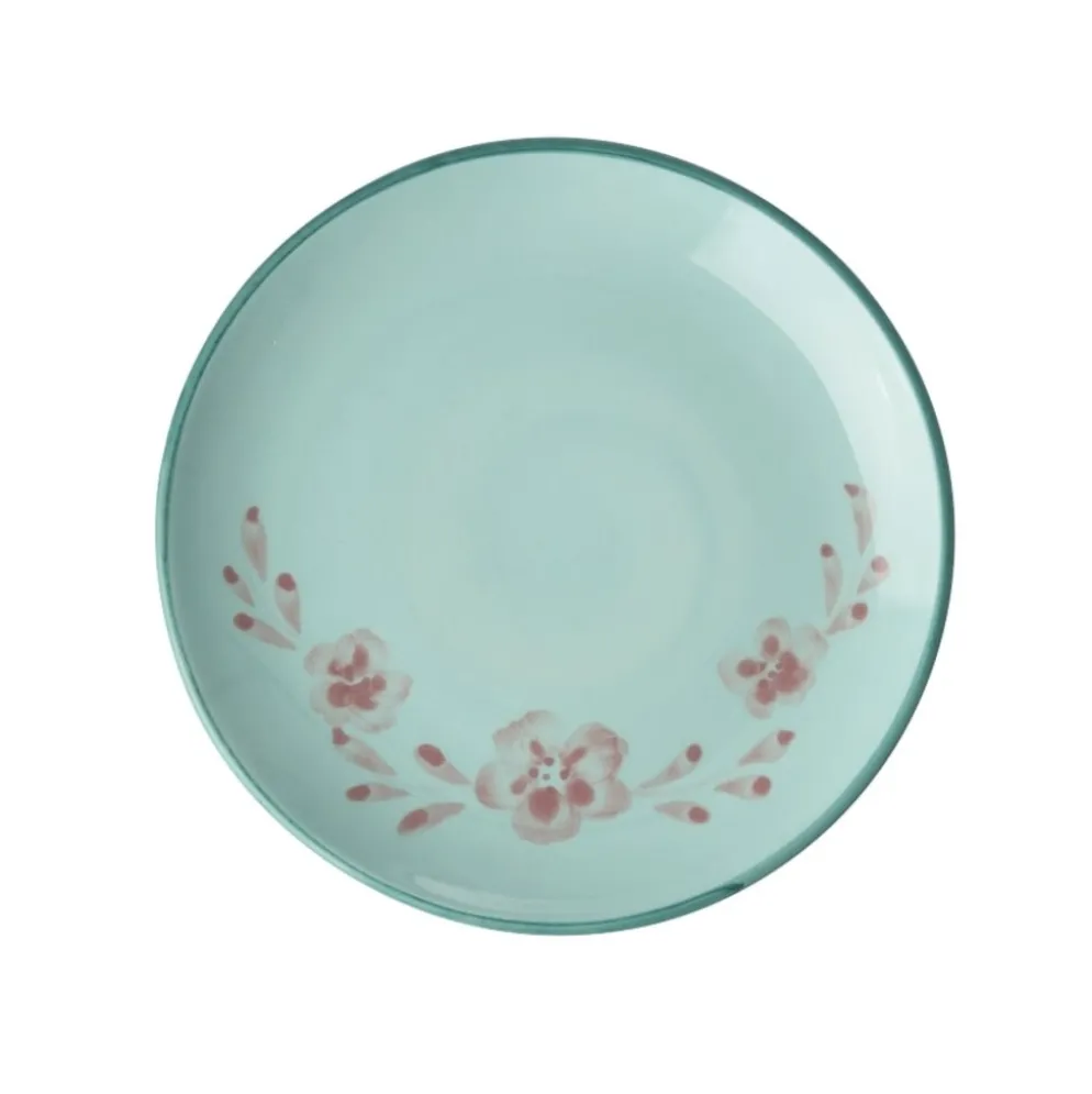 RICE Keramik Kuchenteller Handgemalt Blume Mint