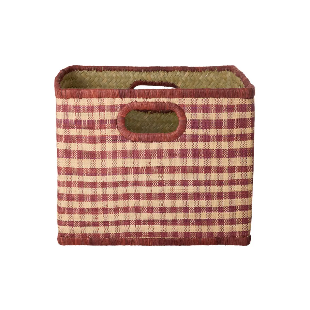 RICE Quadratischer Raffia Korb mit braunen Karos