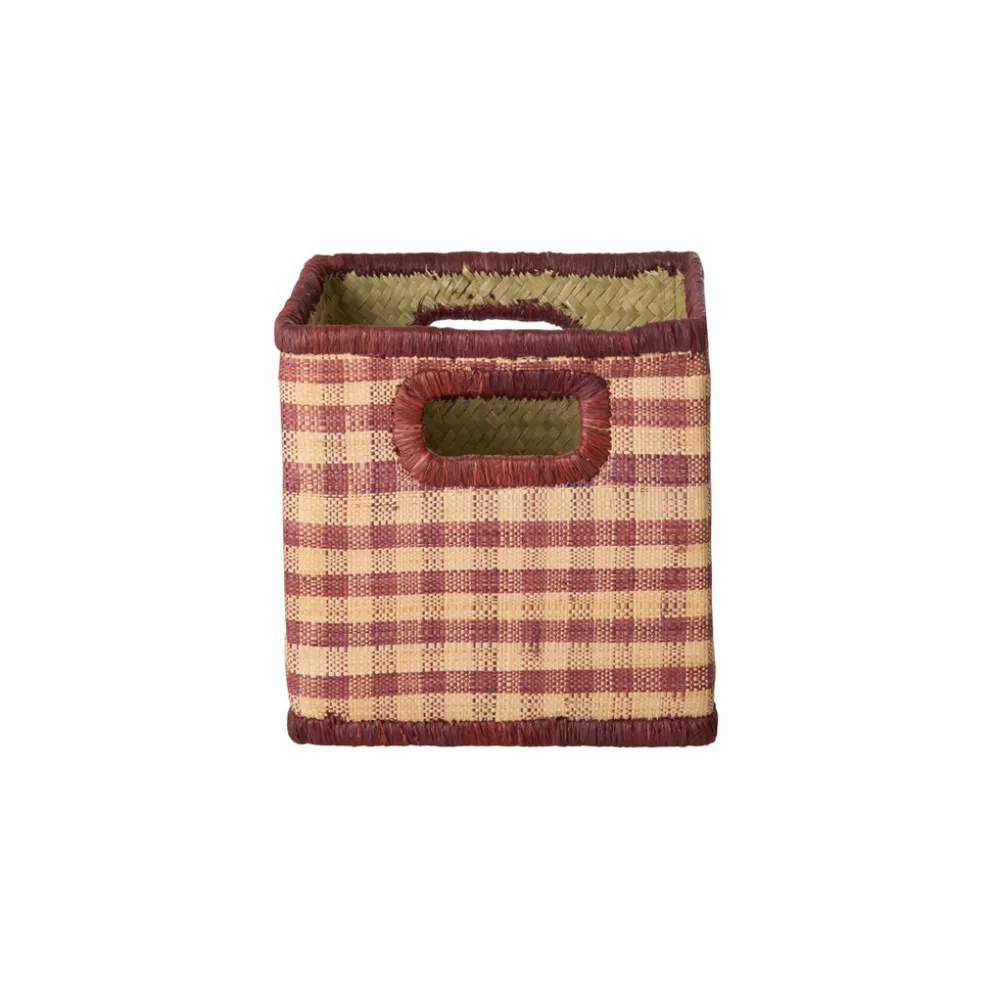 RICE Quadratischer Raffia Korb mit braunen Karos