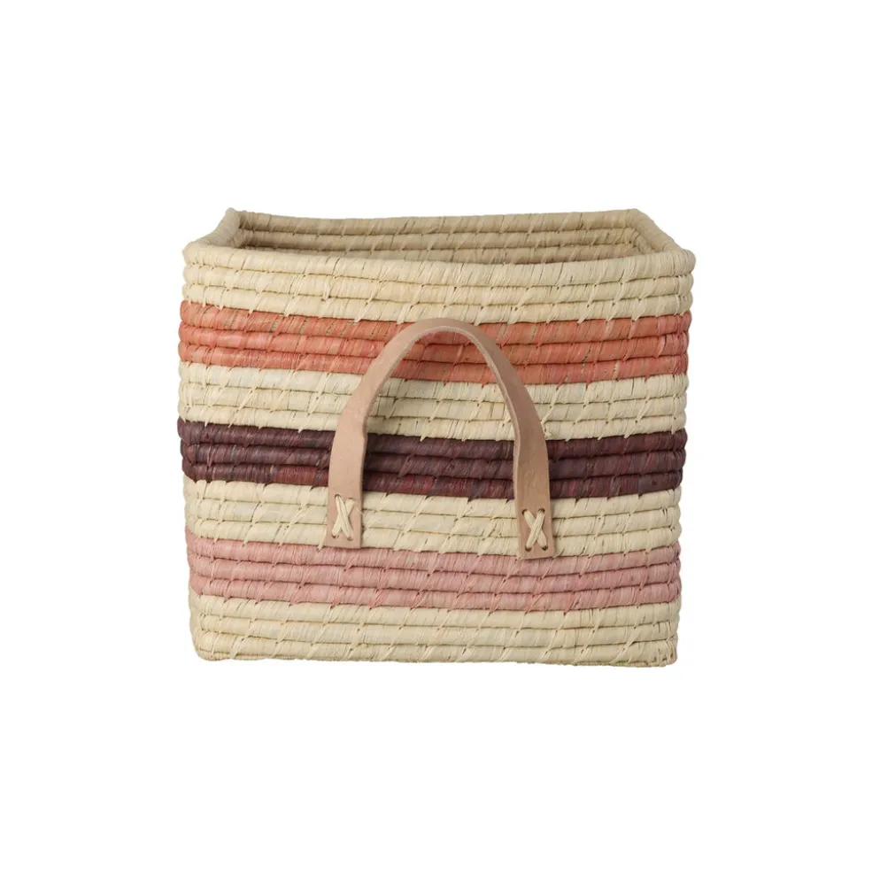 RICE Quadratischer Raffia Korb mit bunten Streifen und Ledergriffen