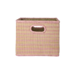 RICE Quadratischer Raffia Korb Pink Checks 30x30x25