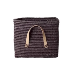 RICE Raffia Aufbewahrungskorb mit Lederschlaufen 30x30x25 cm