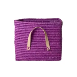 RICE Raffia Aufbewahrungskorb mit Lederschlaufen 30x30x25 cm