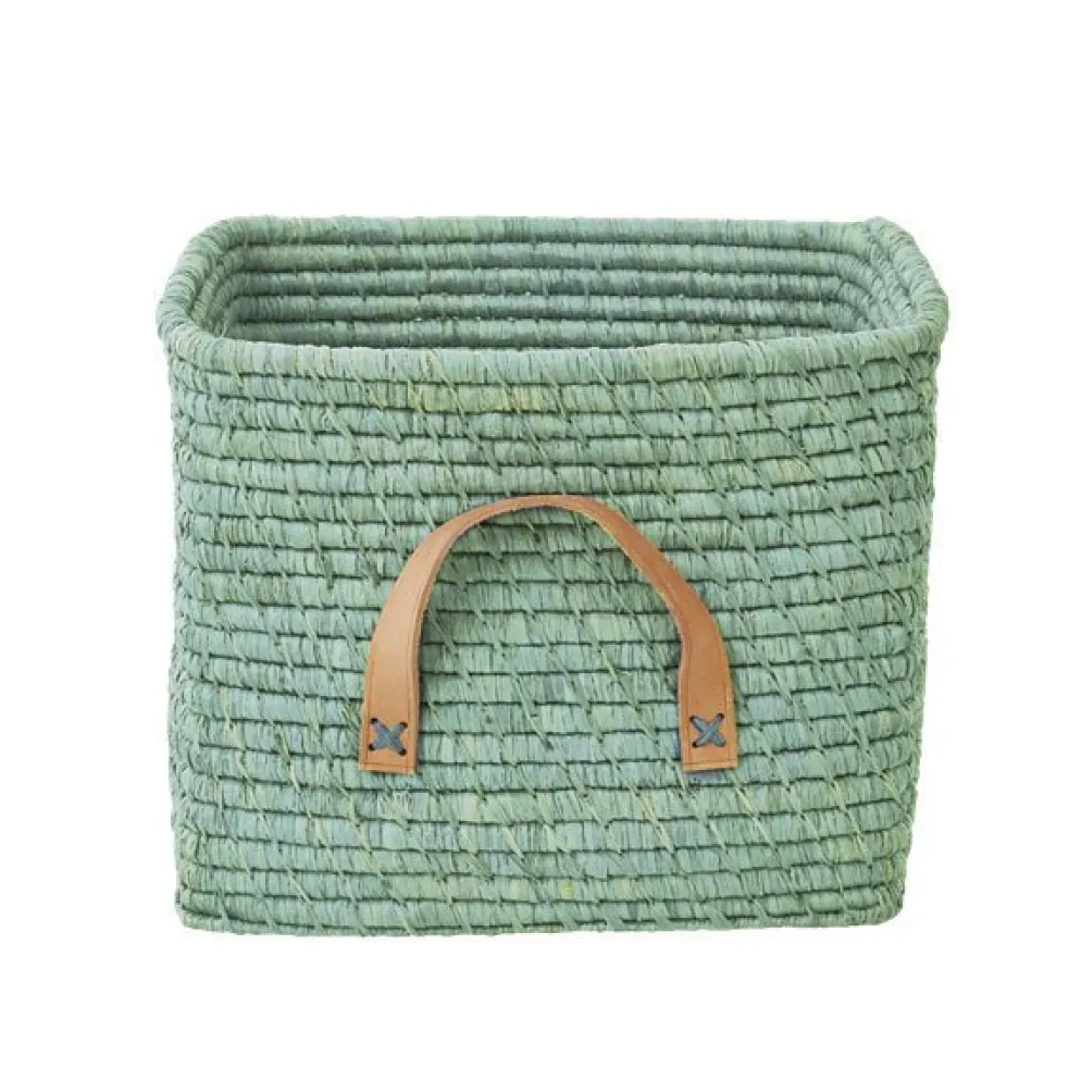 RICE Raffia Aufbewahrungskorb mit Lederschlaufen 30x30x25 cm