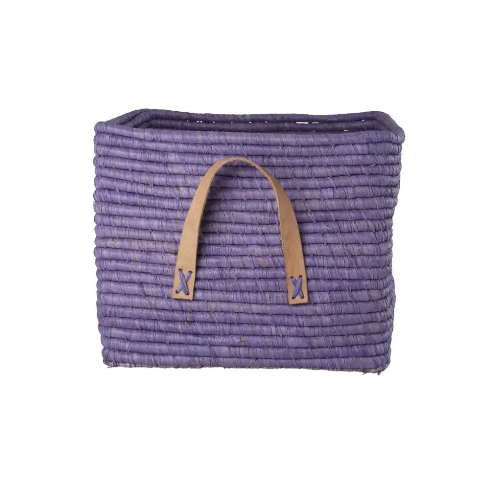 RICE Raffia Aufbewahrungskorb mit Lederschlaufen 30x30x25 cm