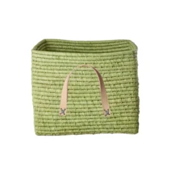 RICE Raffia Aufbewahrungskorb mit Lederschlaufen 30x30x25 cm
