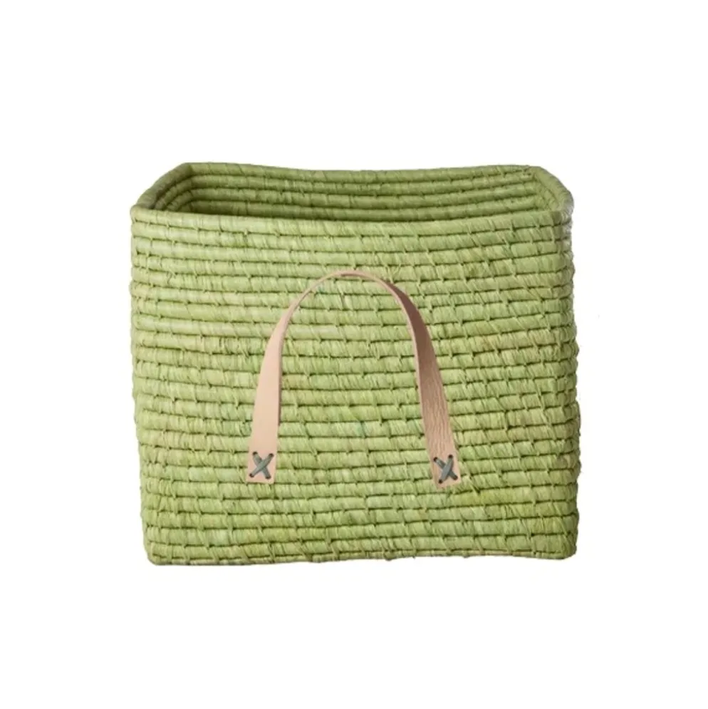 RICE Raffia Aufbewahrungskorb mit Lederschlaufen 30x30x25 cm