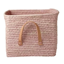RICE Raffia Aufbewahrungskorb mit Lederschlaufen 30x30x25 cm