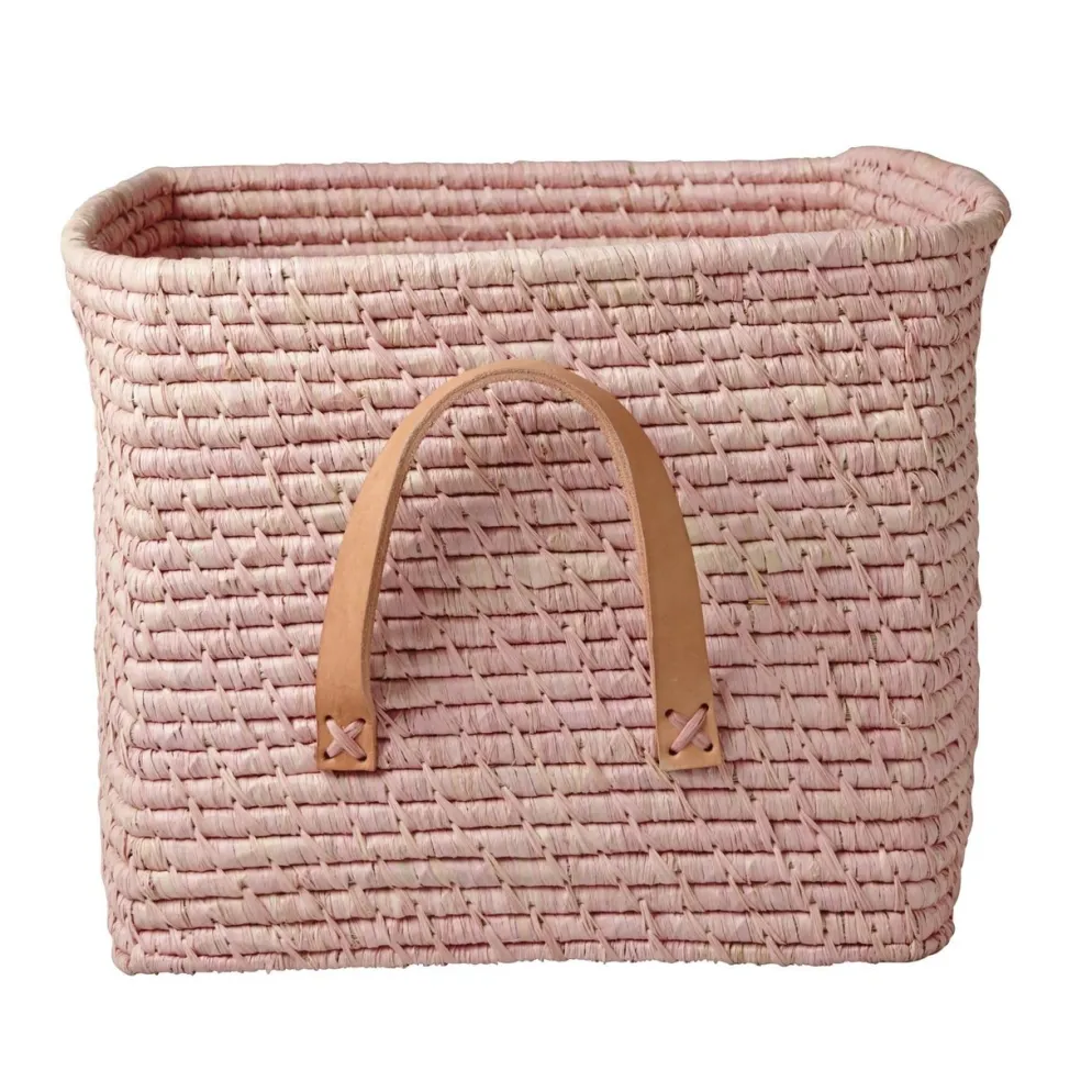 RICE Raffia Aufbewahrungskorb mit Lederschlaufen 30x30x25 cm