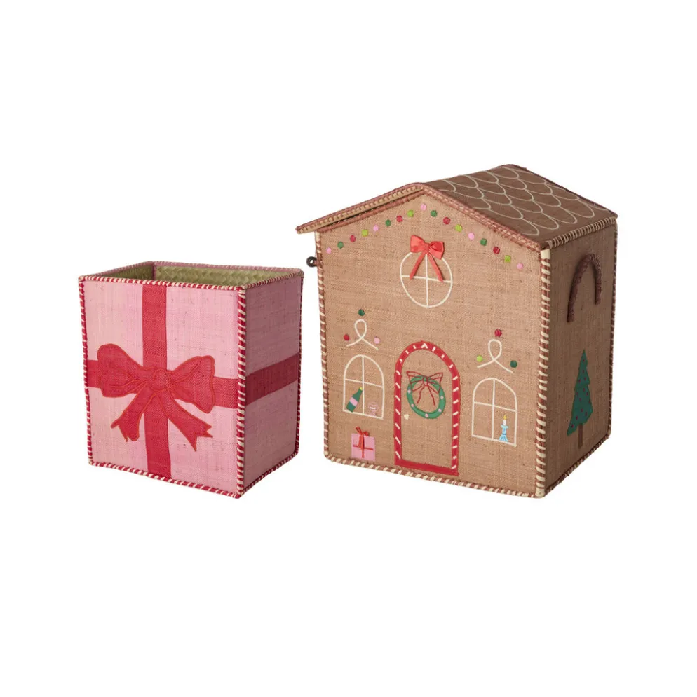 RICE Raffia Aufbewahrung Weihnachtskörbe Lebkuchenhaus & Geschenkbox 2er-Set