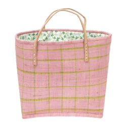 RICE Raffia Tasche Kariert mit Ledergriffen
