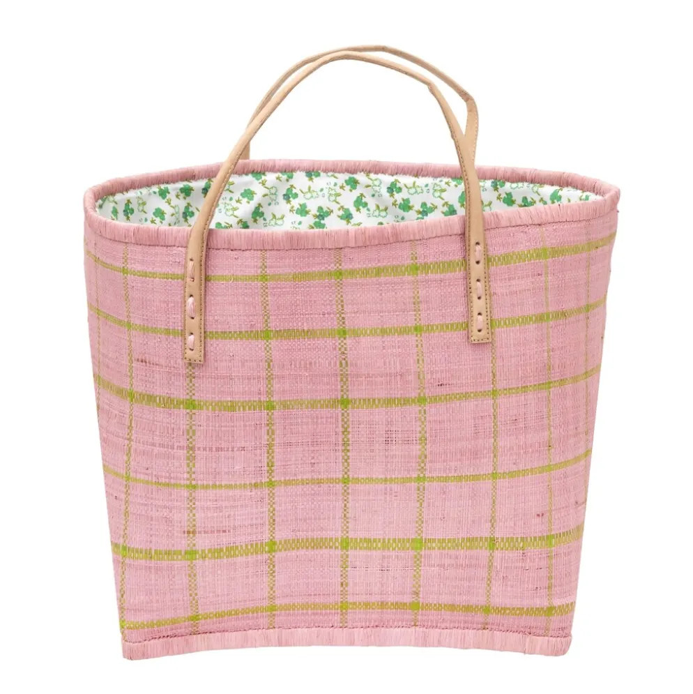 RICE Raffia Tasche Kariert mit Ledergriffen