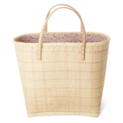 RICE Raffia Tasche Kariert mit Ledergriffen